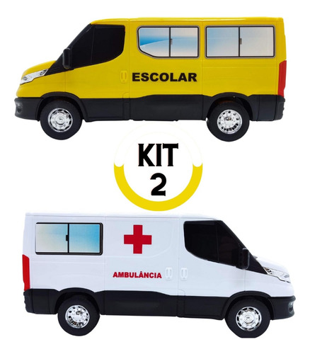 2 Veículos De Brinquedo - Van Escolar + Ambulância