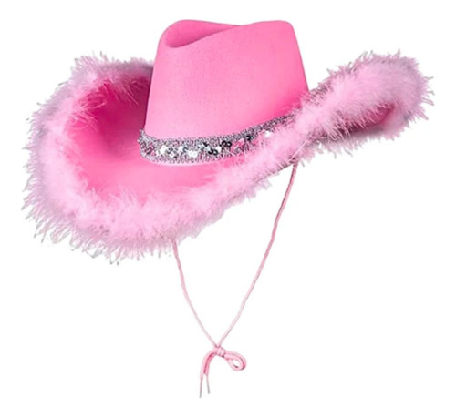 Chapéu Country Feminino Rosa Luxo Cowboy Com Brilho E Penas