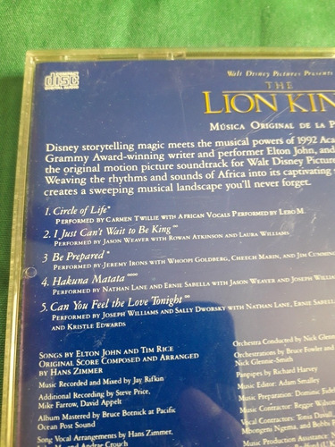 Musica De La Pelicula El Rey Leon En Ingles En Cd (Usado)