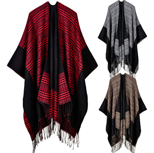 Poncho De Invierno, Chal Largo, Tejido A Cuadros Con Borlas,