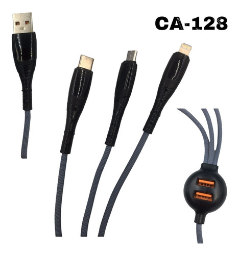 Cable Usb Reforzado Pulpo 3 En 1 + 2 Puertos Usb Ca-128