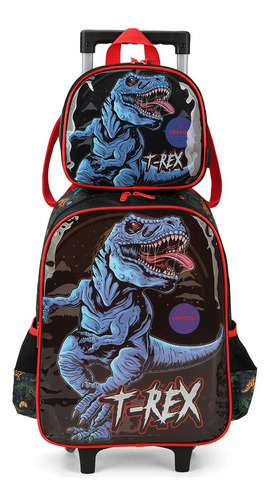 Mochila Rodinhas Lancheira Luxcel Up4you T-rex Azul