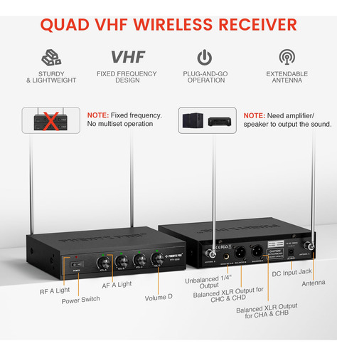 Sistema De Micrófono Inalámbrico Vhf 4 Canales Con 2 Micrófo