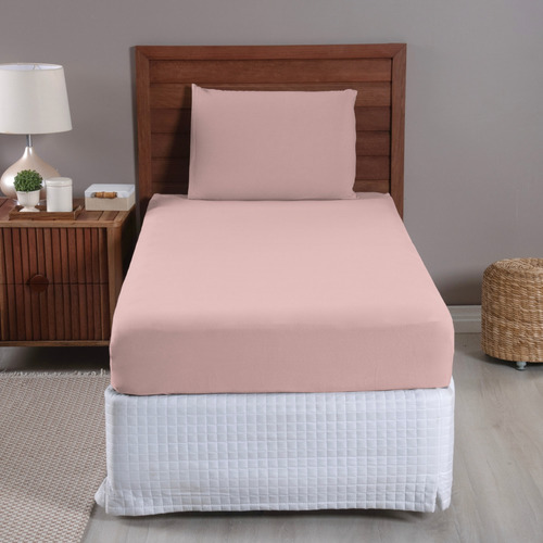 Jogo De Cama Solteiro Lençol 02 Pçs C/ Elástico Malha 100% Algodão Fio 30/1 Penteado Rosa