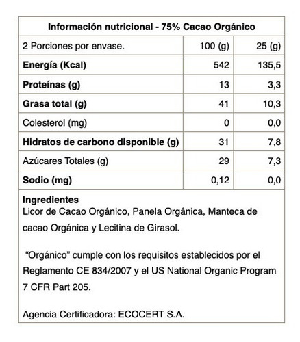 Imagen 2 de 2 de Chocolate Negro 75% Cacao Orgánico