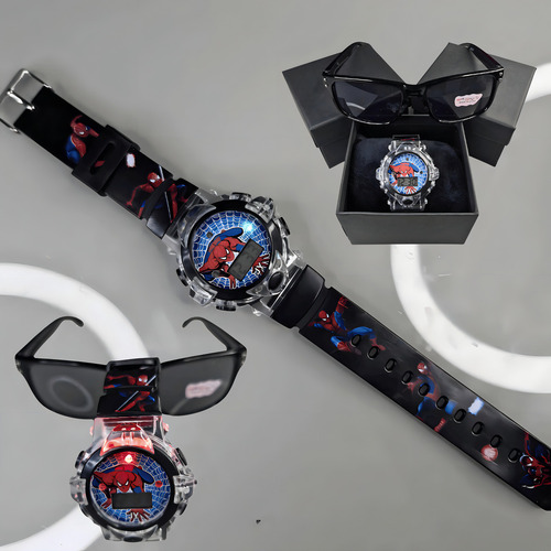 Kit Relógio Relâmpago Mcqueen + Óculos C/ Caixa Super Heróis Correia Homem Aranha Bisel Preto Fundo Homem Aranha