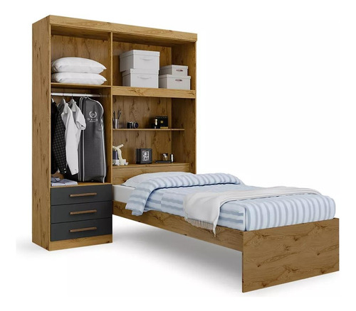 Guarda Roupa Solteiro + Cama Baú + Colchão D Espuma Av Ac Fg