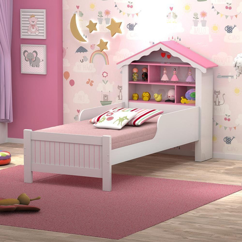 Cama Casa Solteiro Princesa Grade De Proteção - Branco/rosa