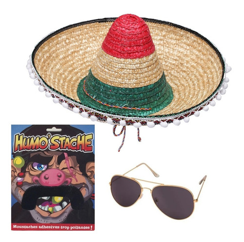 Combo Disfraz Mariachi Sombrero Borlas Bigote Lentes Mexico