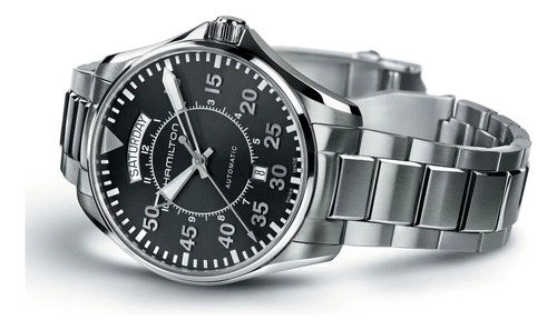 Reloj Hamilton Khaki Aviation Pilot Day Date Auto H64615135 Correa Plateado Bisel Plateado Fondo Negro