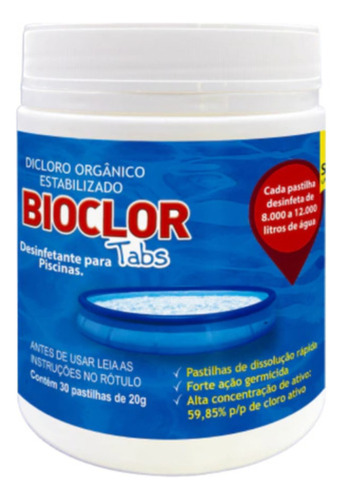 Clorin Bioclor Tabs Grande 20g Piscina 8 Mil A 12 Mil Litros