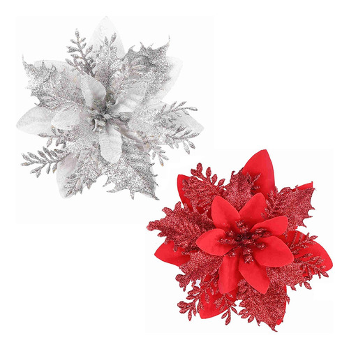 50 Flores De Navidad Con Purpurina Artificial Rojo Plateados