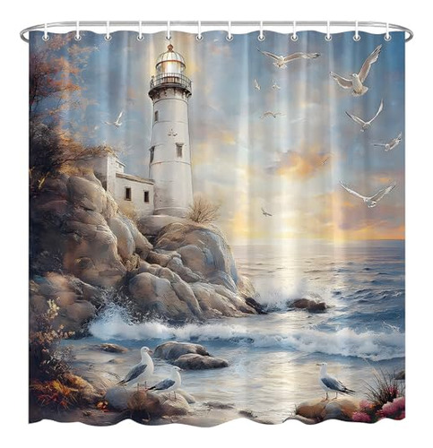 Cortina De Ducha Náutica Con Faro, Paisaje De Olas Oceánicas