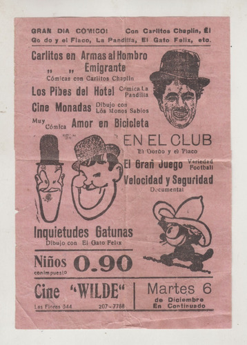 Antiguo Programa Cine Wilde Buenos Aires Comicos Chaplin Etc