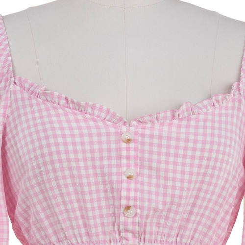 Imagen 4 de 7 de Blusa Corta Manga Larga Peplum Cuadros Botones Romántica.