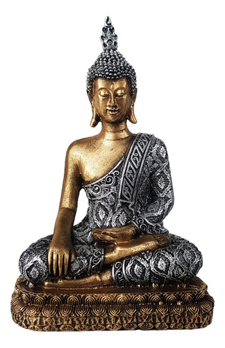 Estatueta Buda Hindu Grande Resina Dourado E Prata