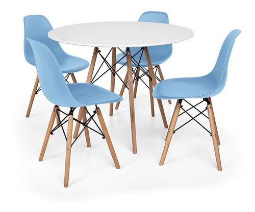 Kit Mesa Jantar Eiffel 80cm Branca + 4 Cadeiras Eames Eiffel Cor Azul-claro