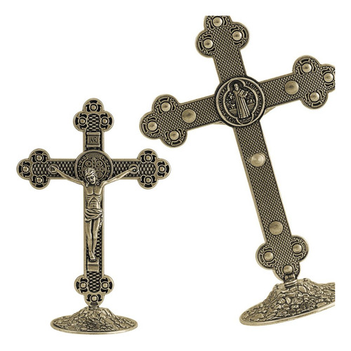 Crucifixo De Mesa Medalha De São Bento Em Ouro Velho 13,5 Cm