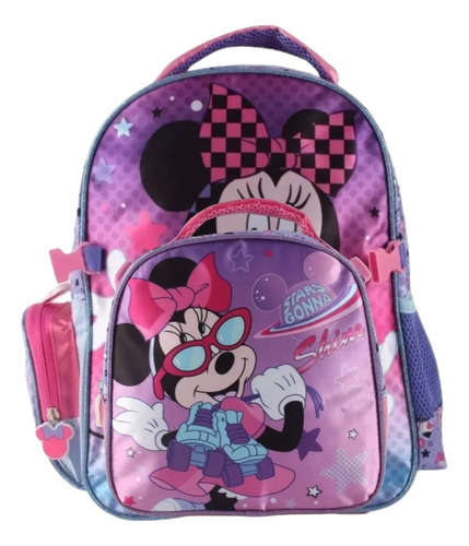 Mochila Escolar Satinada Minnie Mouse Con Lonchera Disney 