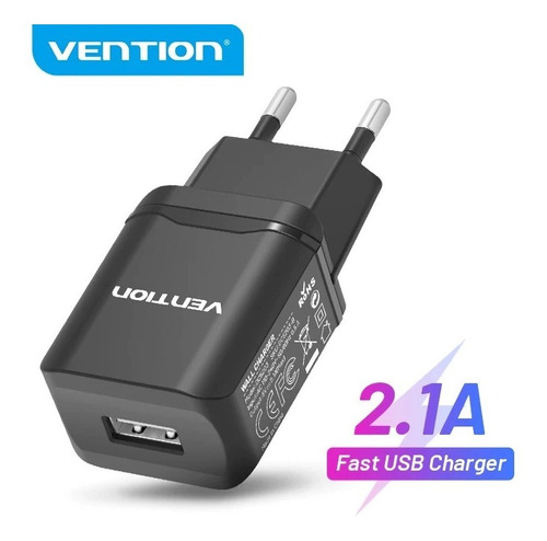 Cargador De Pared Carga Rapida Usb 10.5w 5v 2.1a Vention Color Negro