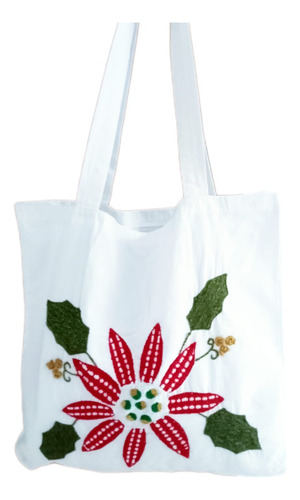 Bolsa De Manta Bordada A Mano / Diseño Flor Roja 