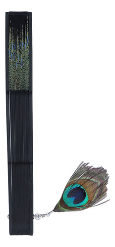 Abanico Plegable Con Diseño De Pavo Real Y Huesos Negros