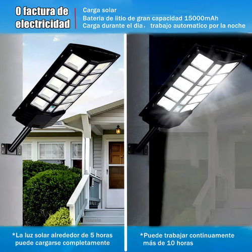 Lampara Led Solar Exterior para Alumbrado Publico con Control Remoto ATOZELE 480 Foco Leds 1500W 15000mAh