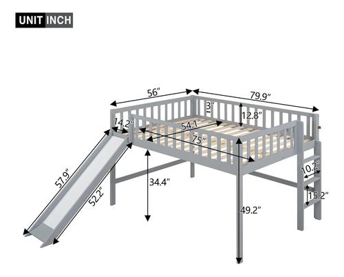 Cama Baja De Tamaño Matrimonial Con Escalera Y Tobogán Gris Low Loft Bed