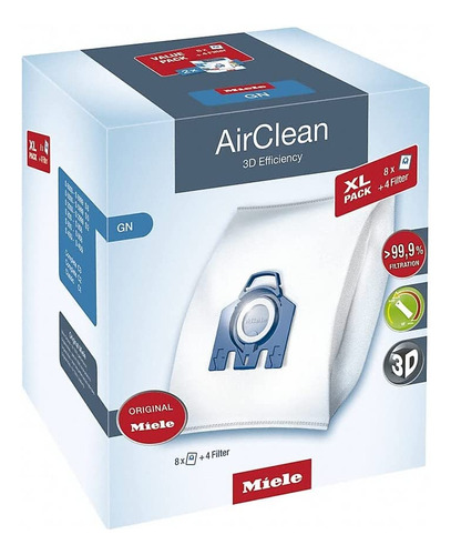 Miele Airclean 3d Xl-pack Gn Dust Vacuum Bag, White, 8 Count
