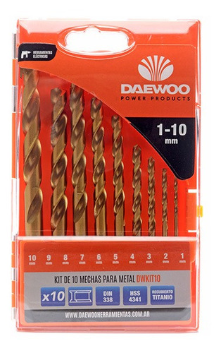 Set Mechas Acero Rápido 10pc Titanio Daewoo Kit Metal 1-10mm