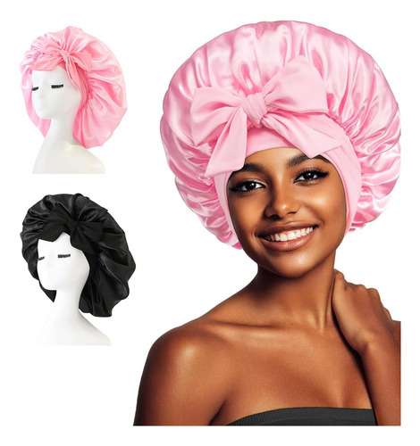2 Piezas Gorro De Satin Para Dormir, Ajustable Gorra De Seda Negro Y Rosa One Size