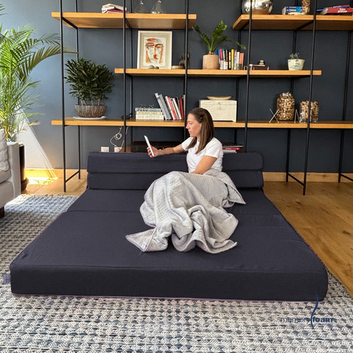 Sofá Cama Queen Size Cozy Plegable + Cobija Fleece Azul Marino Liso