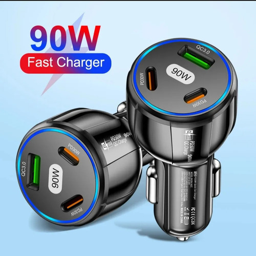 Cargador Para Auto 90w, Cargador Rápido Tipo C Con 3 Puertos Negro