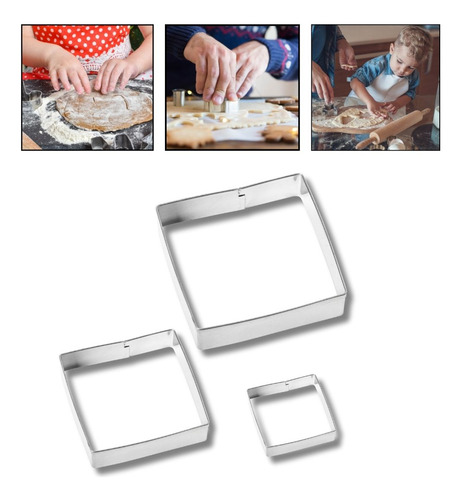 Molde Biscoito Massa 3 Peças Quadrado Aço Inox Moda Do Chef