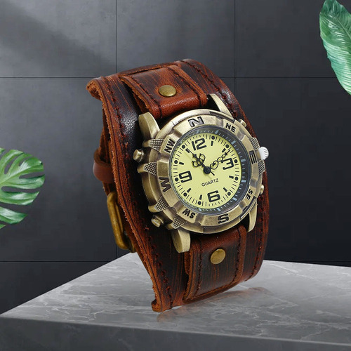 2pcs Wrkwatch Masculino Reloj Reloj Cuero Punk Vintage