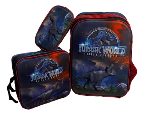 Kit Mochila Primaria Jumbo+lonchera+lapicera 3d Envío 3pzas Jurassic World 1 3d Con Luz Lisa