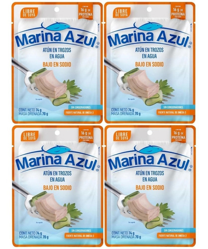 4 Lomo De Atún Marina Azul En Agua Bajo En Sodio 74g Kosher