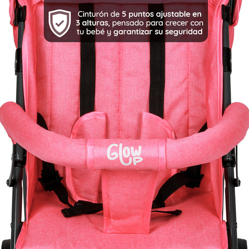 Coche Paragüitas GlowUp Rosado Acero Reclinable 3 Posiciones con Arnés de 3 Puntos Plegable y Liviano para Bebé hasta 20 kg