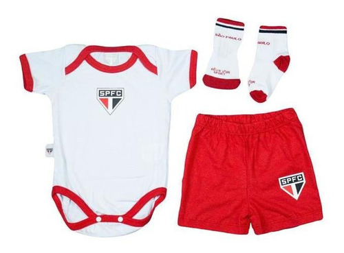 Kit Bebê São Paulo Com Body Shorts E Meia Infantil Oficial