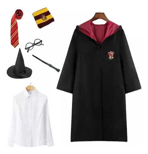 Harry Potter Traje De Disfraz Hombre Mujer Cosplay 7 Piezas Gryffindor.bata Mágica +corbata + Bufanda+varita Mágica + Gafas +varita+camisa+sombrero