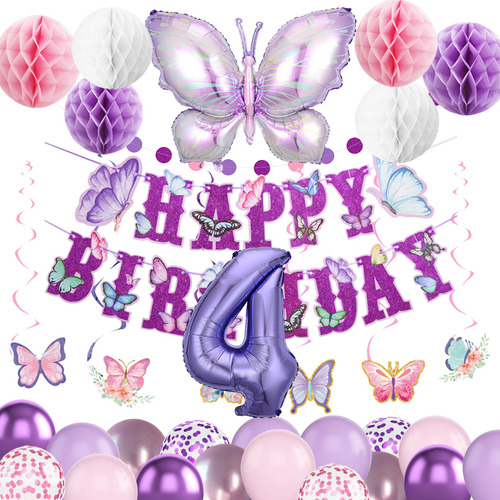 Kit De Cumpleaños Con Globos Super Multi Morado De Mariposa y Número Cuatro