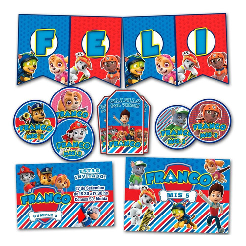 Kit Paw Patrol Impreso Cumple Banderín Invitaciones Sticker