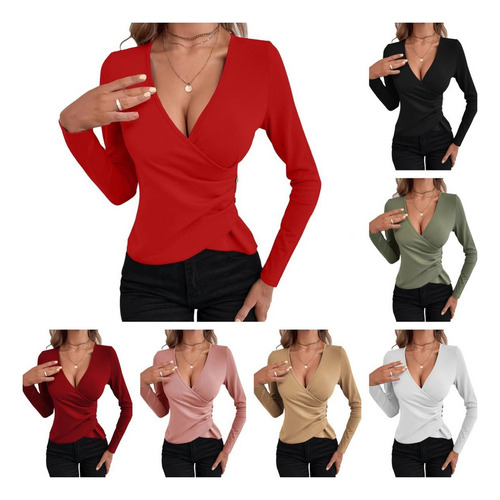 Top Ajustado Cruzado Manga Larga Con Cuello En V For Mujer