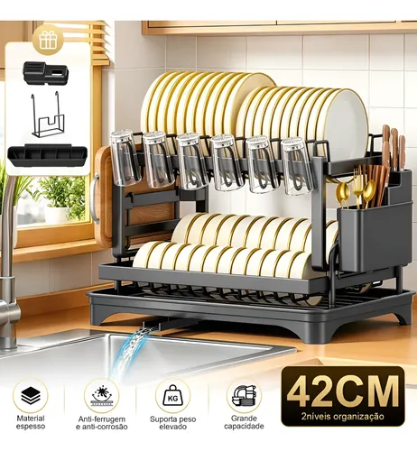 Escorredor Inox Organizador de Louças 2 Andares para Pia de Cozinha