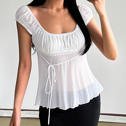 Top Z De Encaje Con Cuello Cuadrado Plisado Y Correa Para Mu