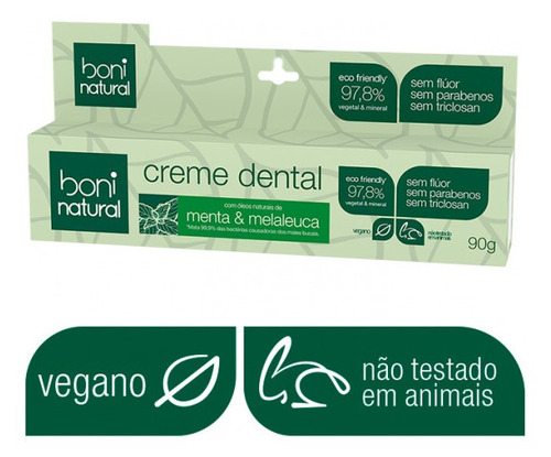 12x Creme Dental Boni Natural Menta E Melaleuca S/ Flúor 90g