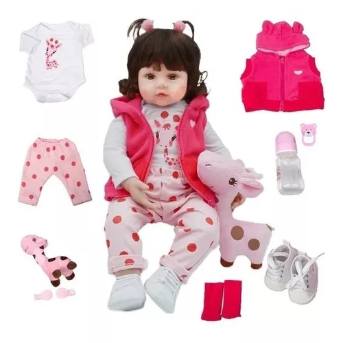 Boneca Bebê Reborn Realista Roupa de Girafinha 100% Silicone