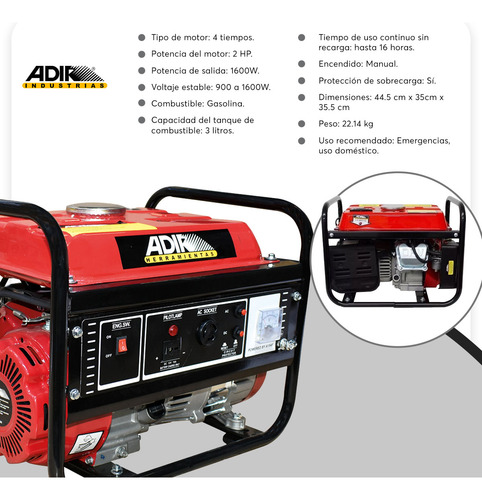 Generador De Gasolina 2hp 1600w Adir 490