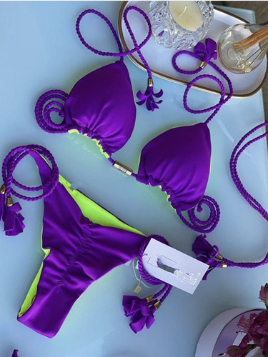 Conjunto De Bikini Tanga Traje De Baño De Color Azul Mujer T