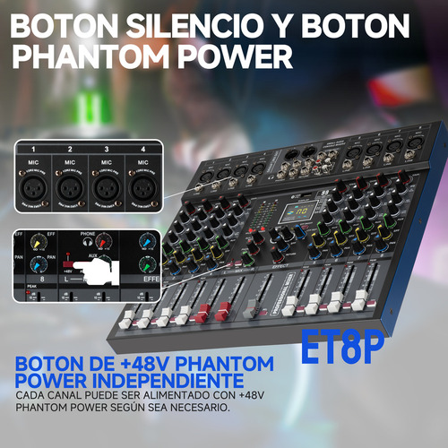 Mezclador Gochanmi Et8p Audio Consola Sonido Mixer 8 Canale 99 Dsp